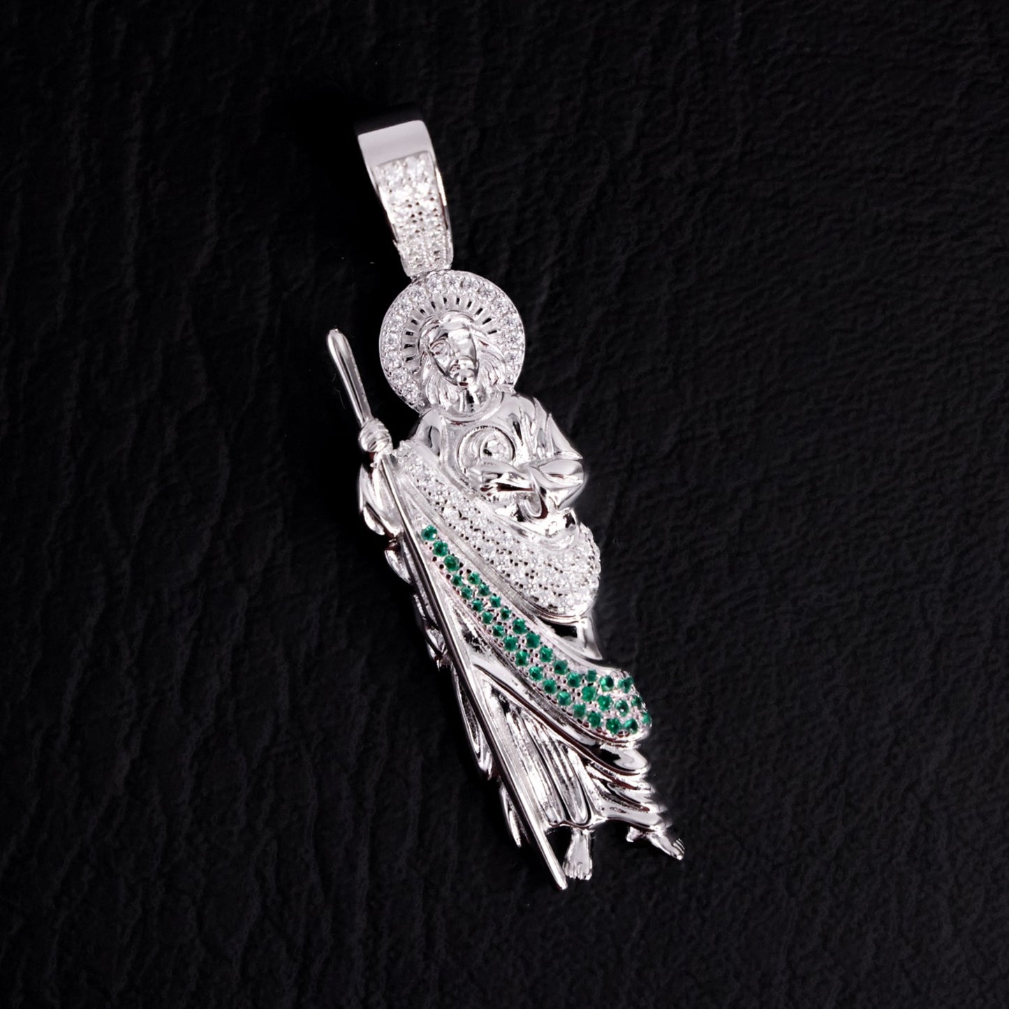 Iced San Judas (White/Green Stones) Pendant - 925 Silver