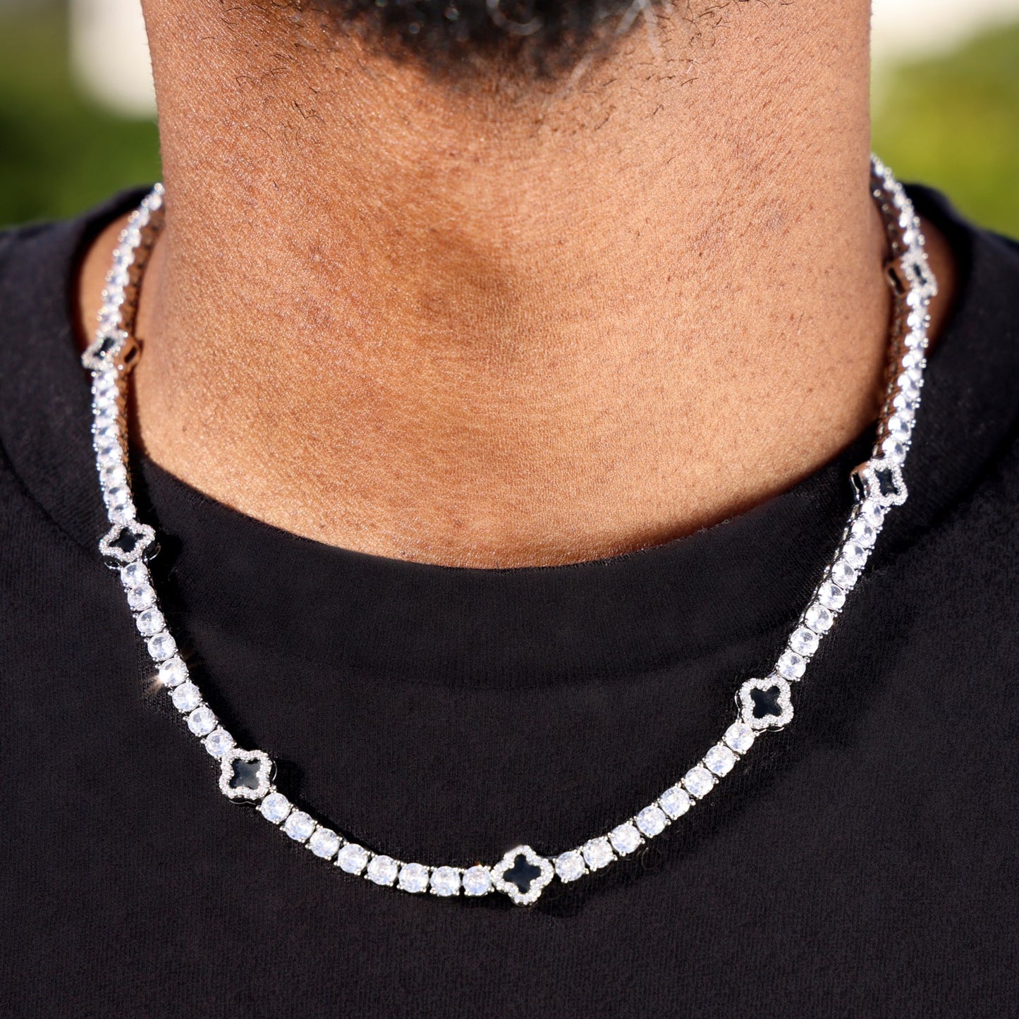 4mm Black Clover Tennis Chain - White Gold