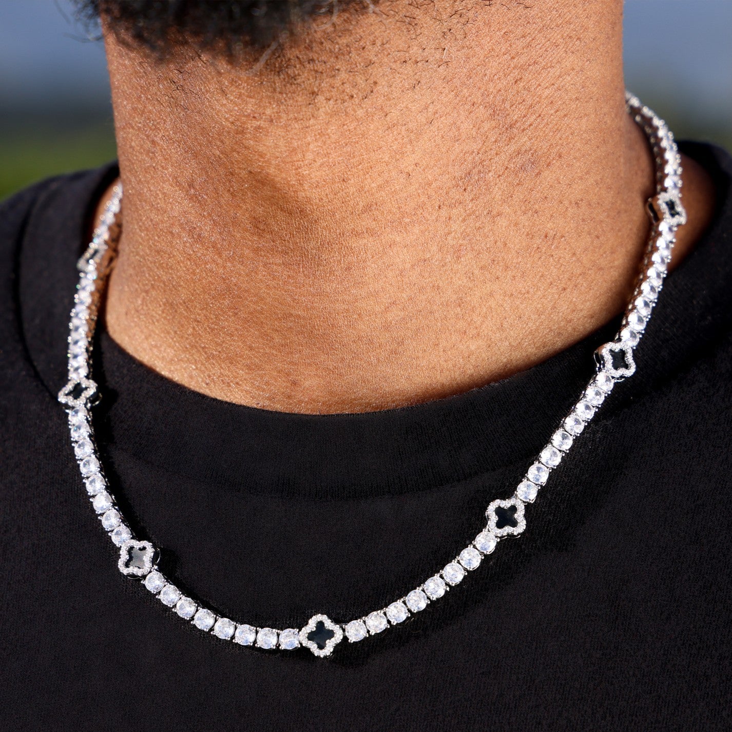4mm Black Clover Tennis Chain - White Gold