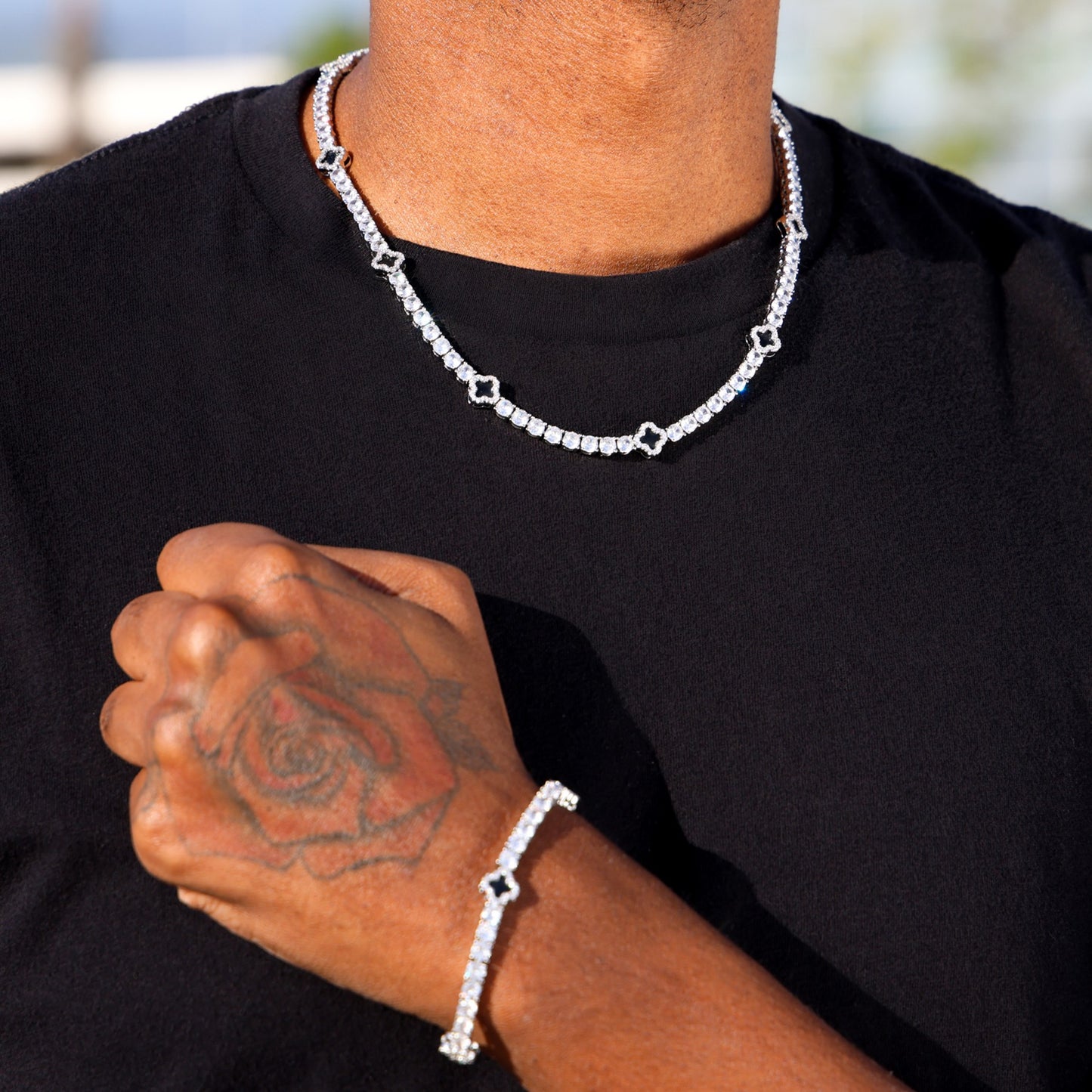 4mm Black Tennis Chain + Bracelet Bundle - White Gold
