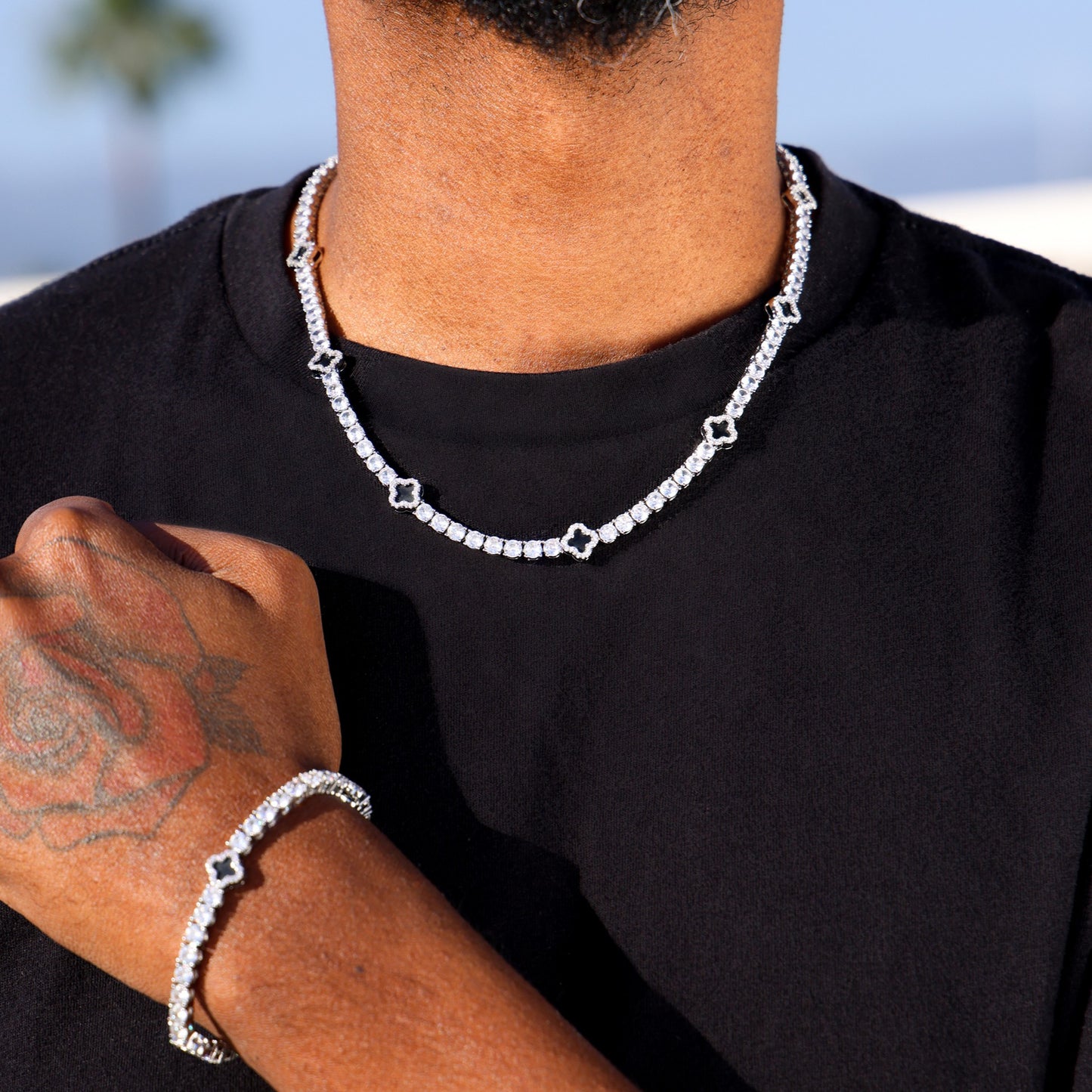 4mm Black Tennis Chain + Bracelet Bundle - White Gold