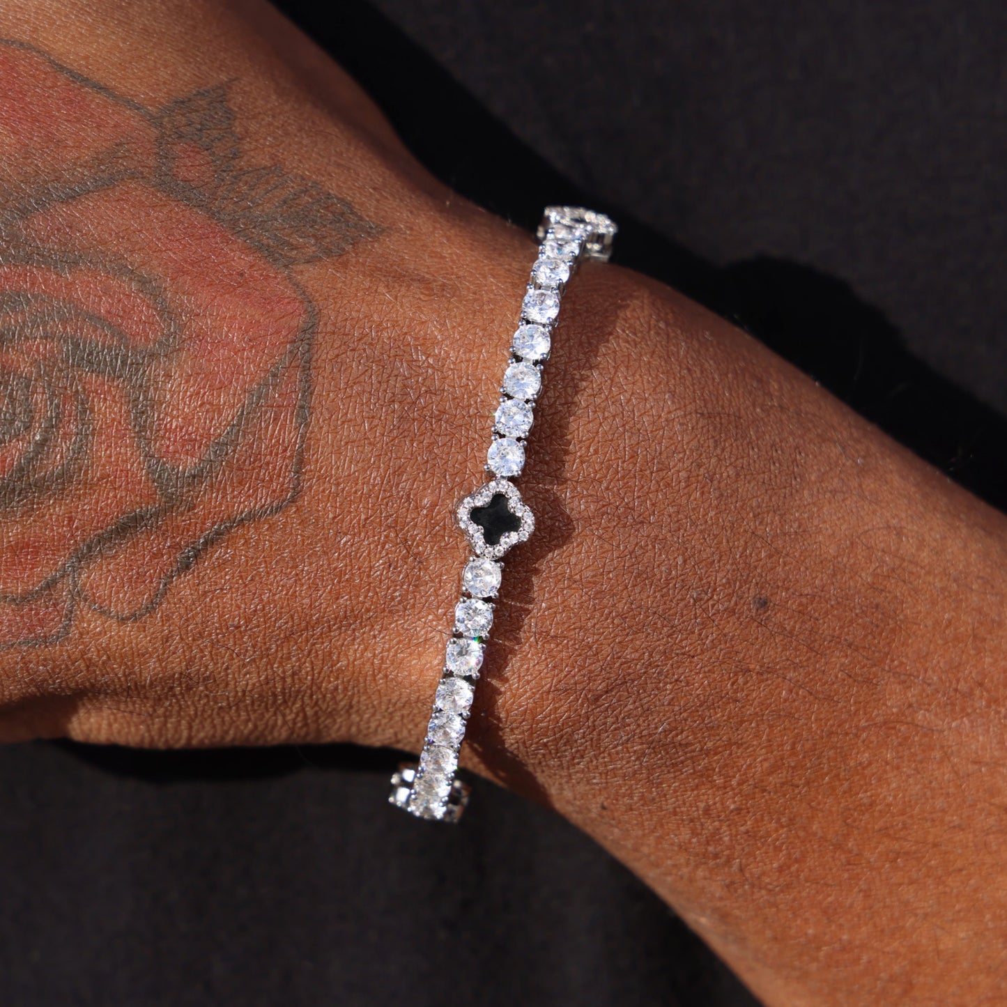 4mm Black Clover Tennis Bracelet - White Gold