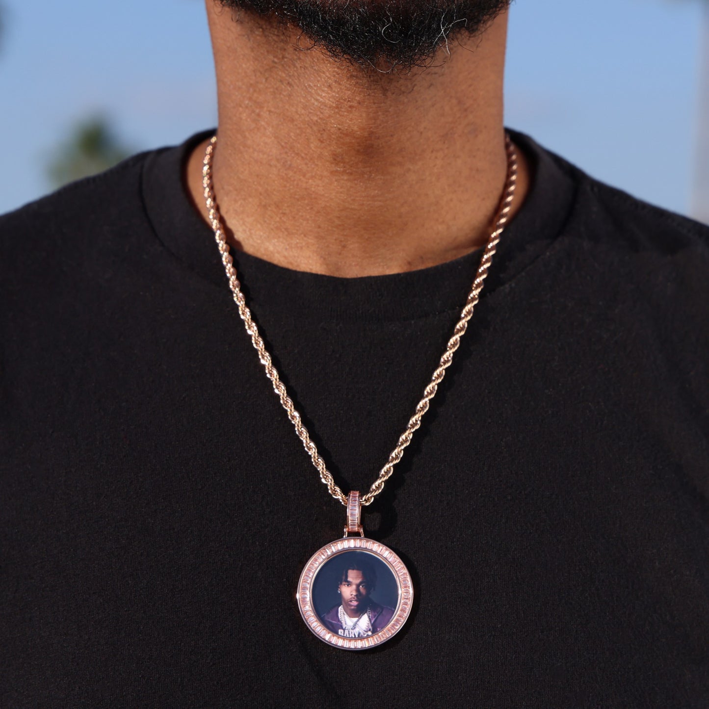 Custom Baguette Circle Photo Pendant - Rose Gold