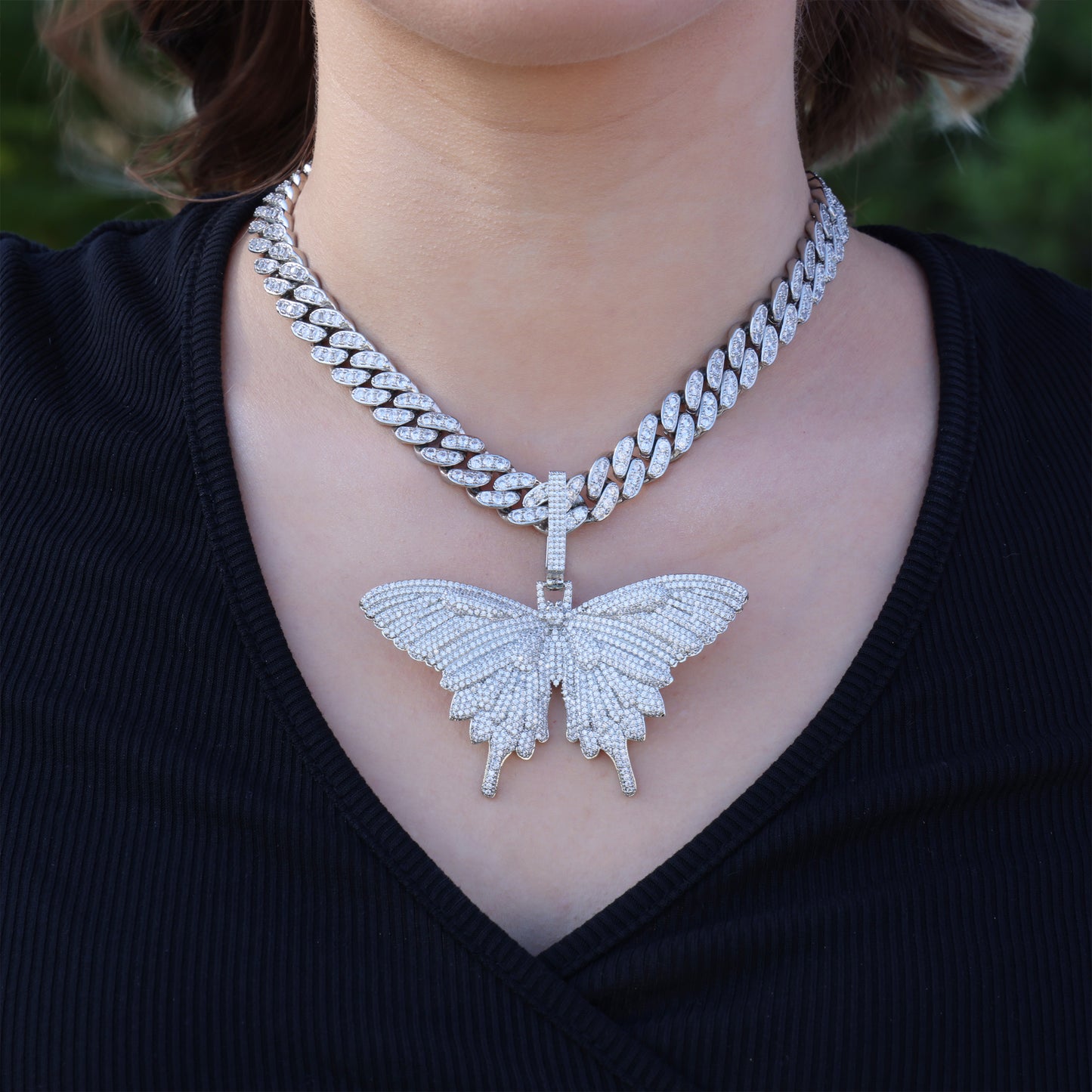 Fully Iced Big Butterfly Pendant - White Gold