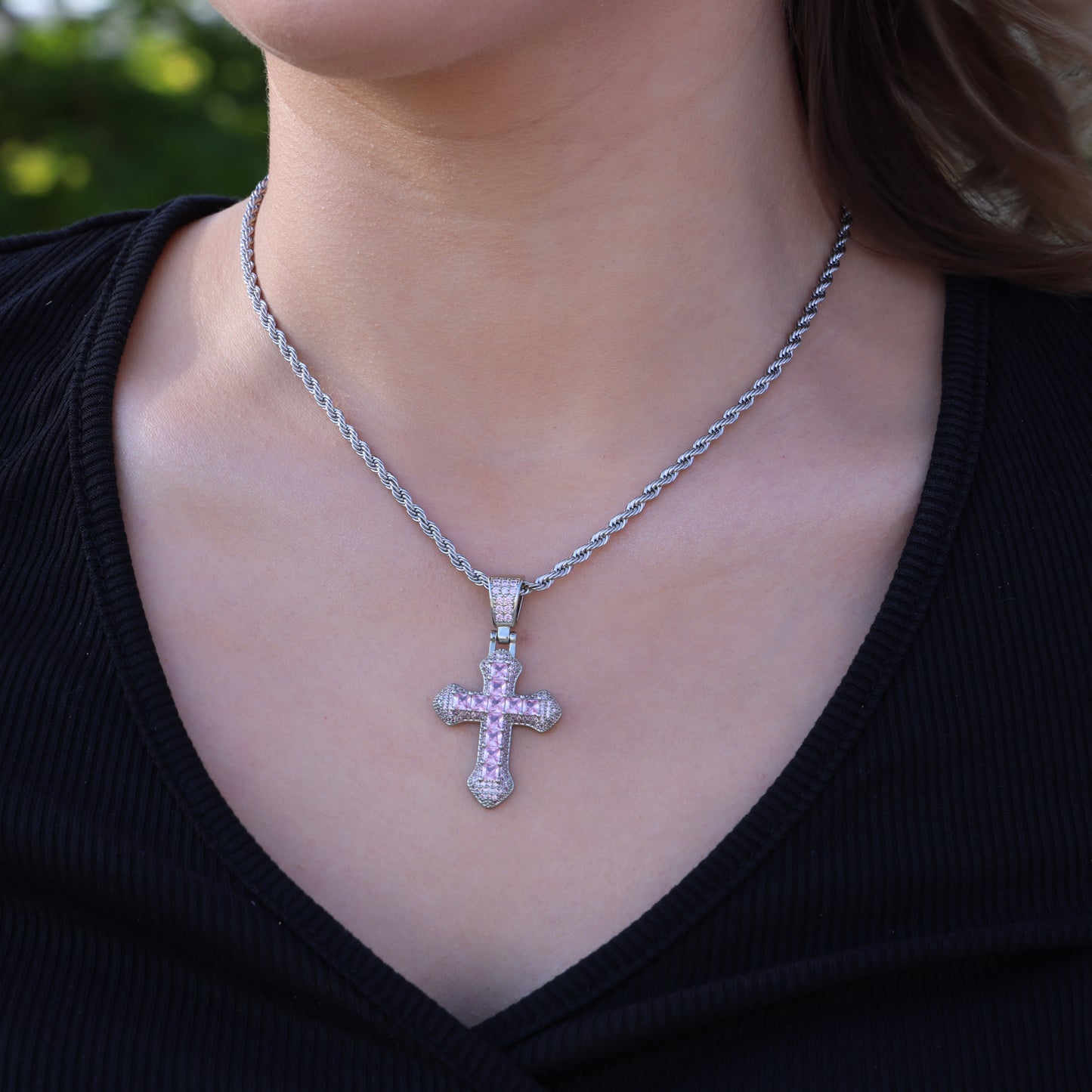 Icy Pink Budded Cross Necklace - White Gold
