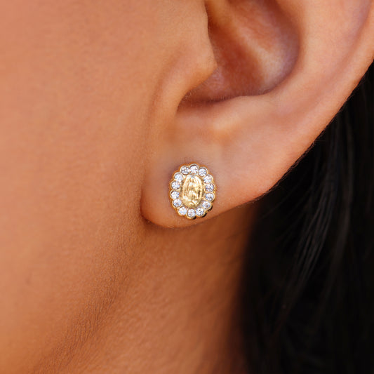Iced Virgin Mary Earrings - 14k Gold