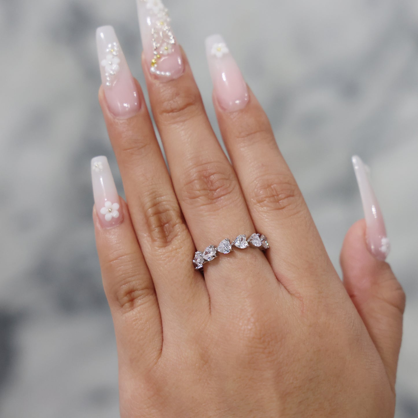 Heart CZ Diamond Eternity Band Ring - 925 Silver