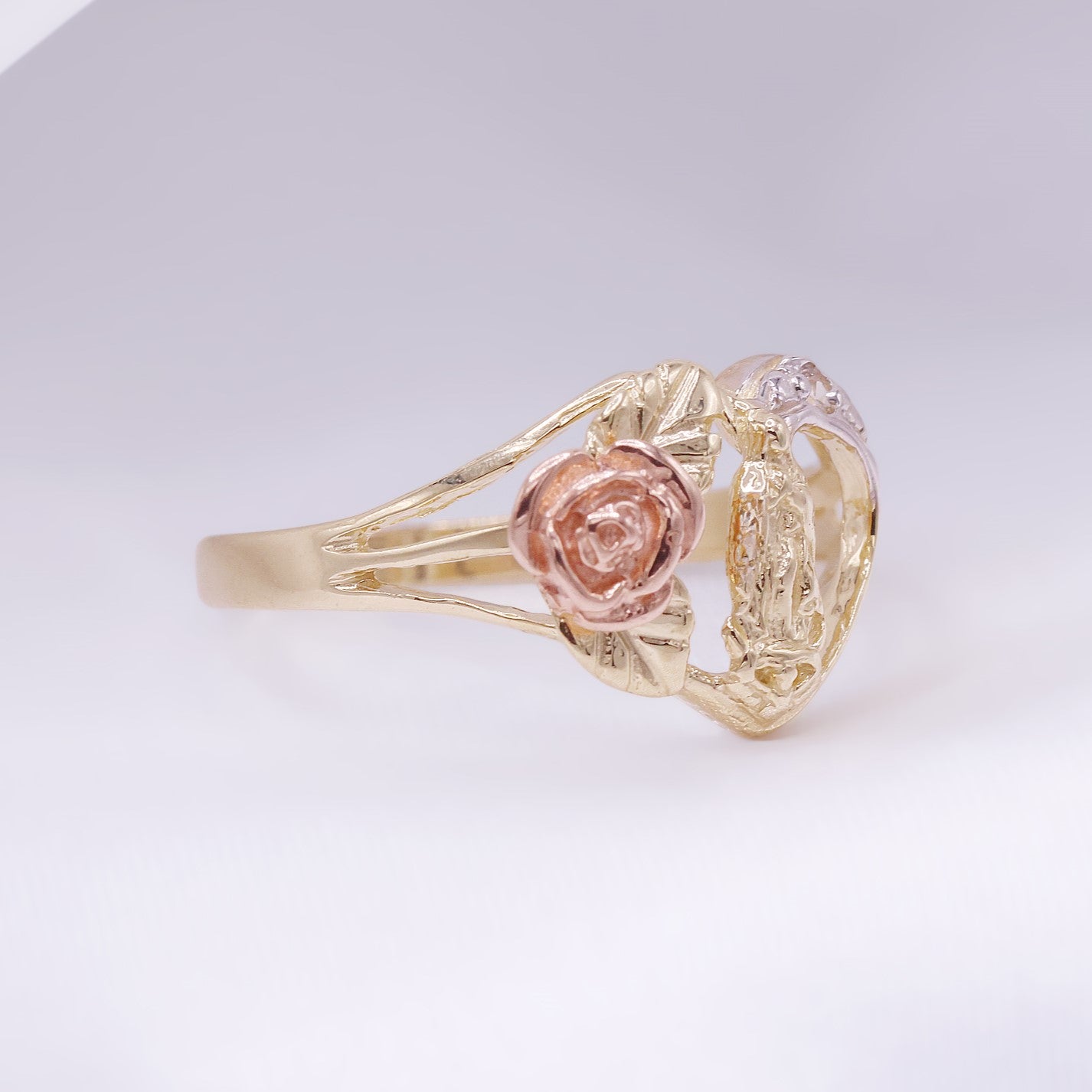Rose Heart Virgin Mary 3-Tone Ring - 10k Gold