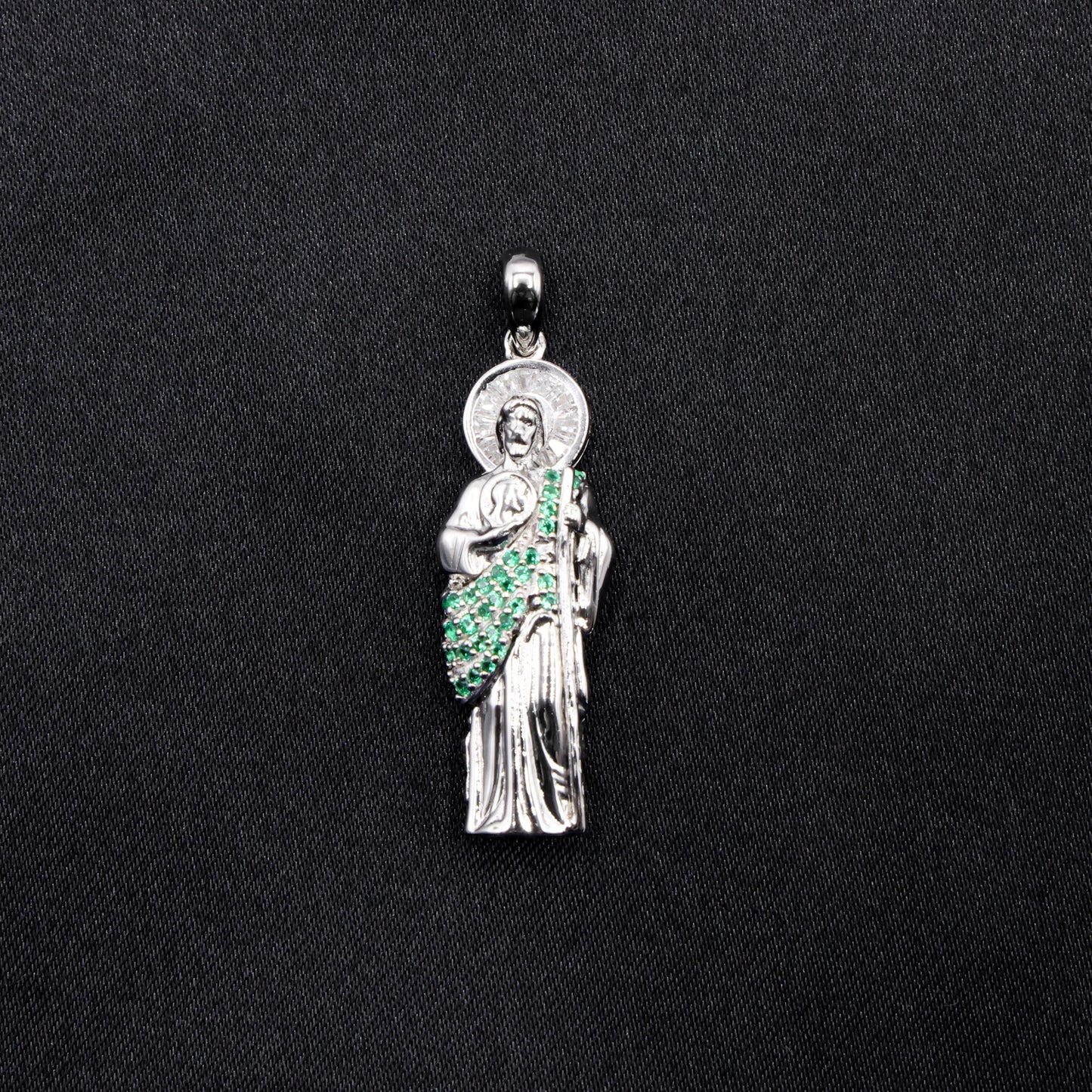 Micro Green Iced San Judas Pendant - 925 Silver