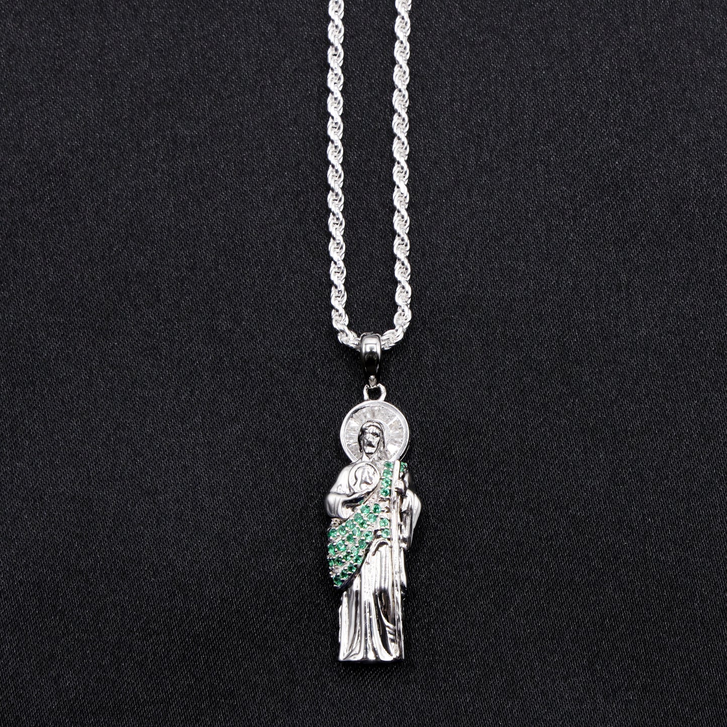 Micro Green Iced San Judas Pendant - 925 Silver
