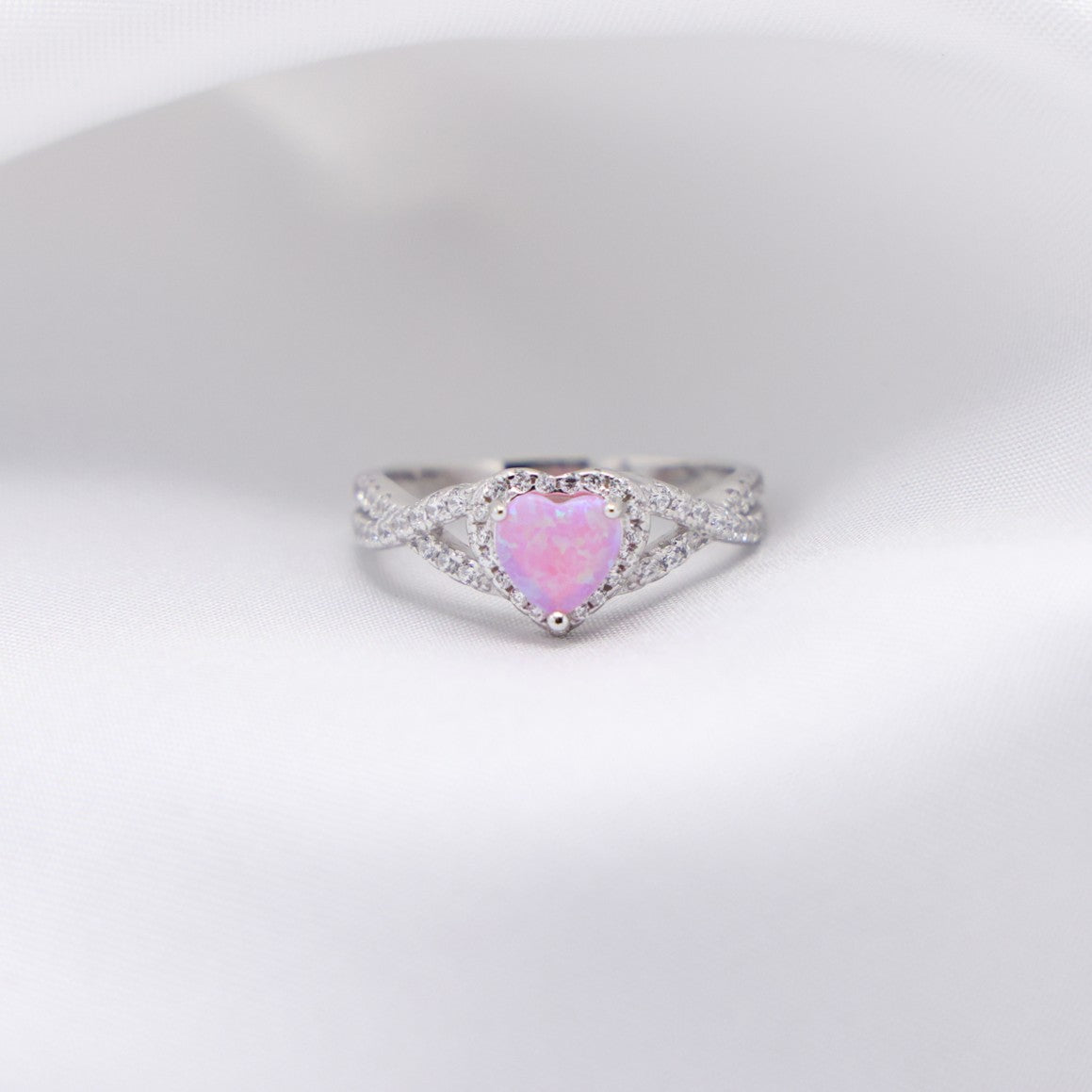 Pink Lab Opal Heart Infinity Diamond Ring - 925 Silver