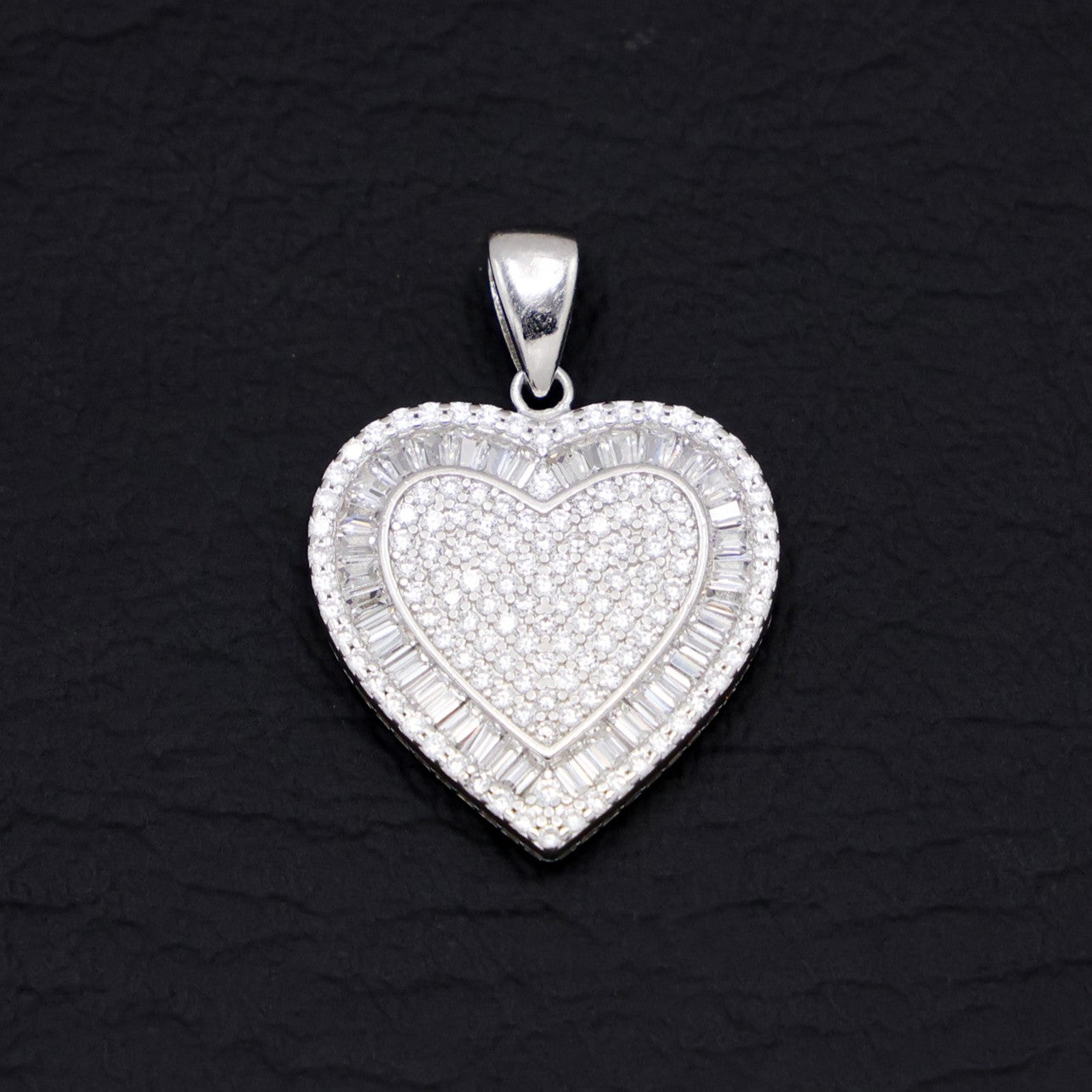 Fully Iced out Baguette Heart Pendant - 925 Silver