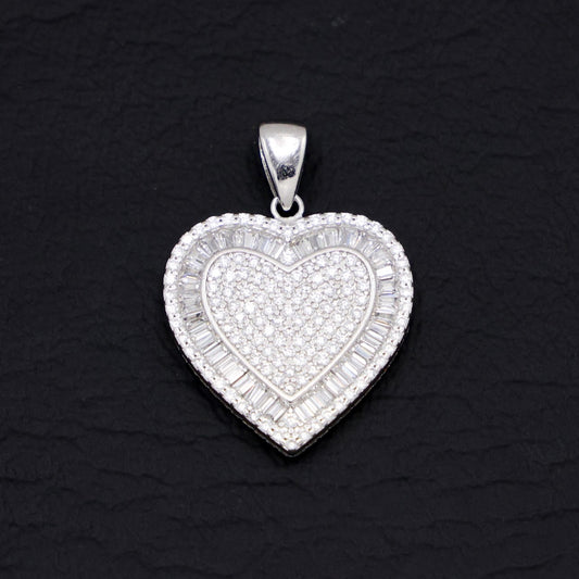 Fully Iced out Baguette Heart Pendant - 925 Silver
