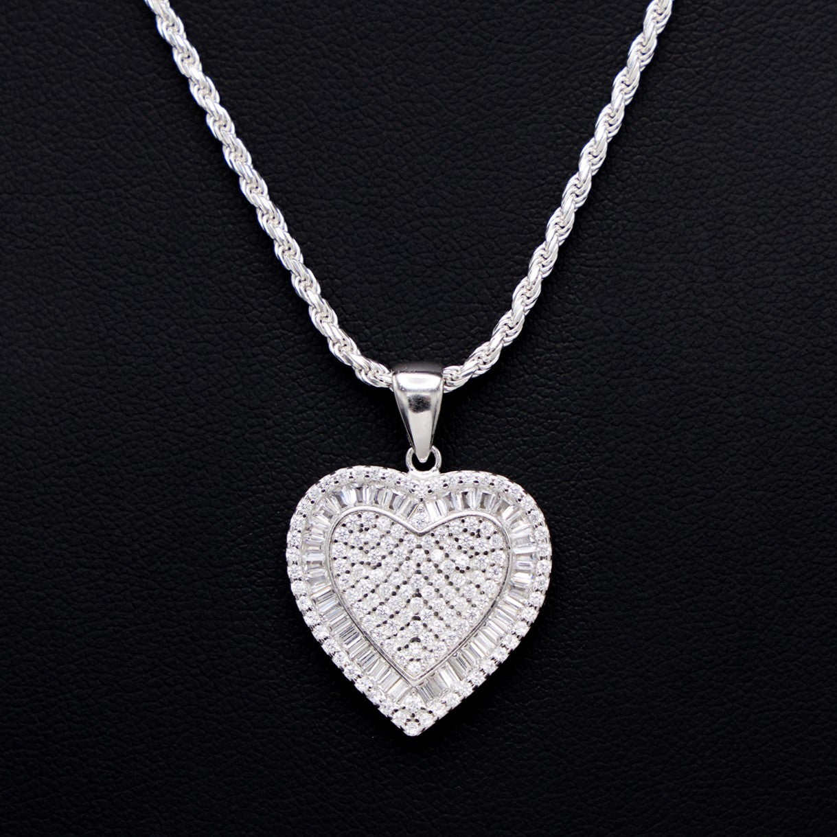 Fully Iced out Baguette Heart Pendant - 925 Silver