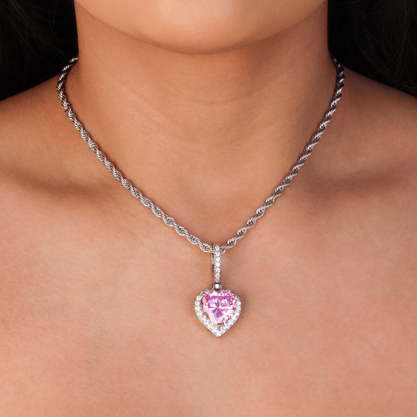 Iced Pink Heart Pendant - White Gold