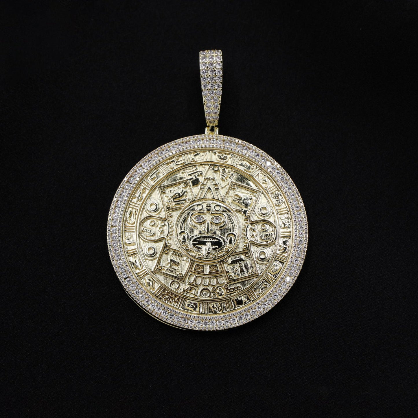 Big Iced Aztec Calendar Pendant - Gold