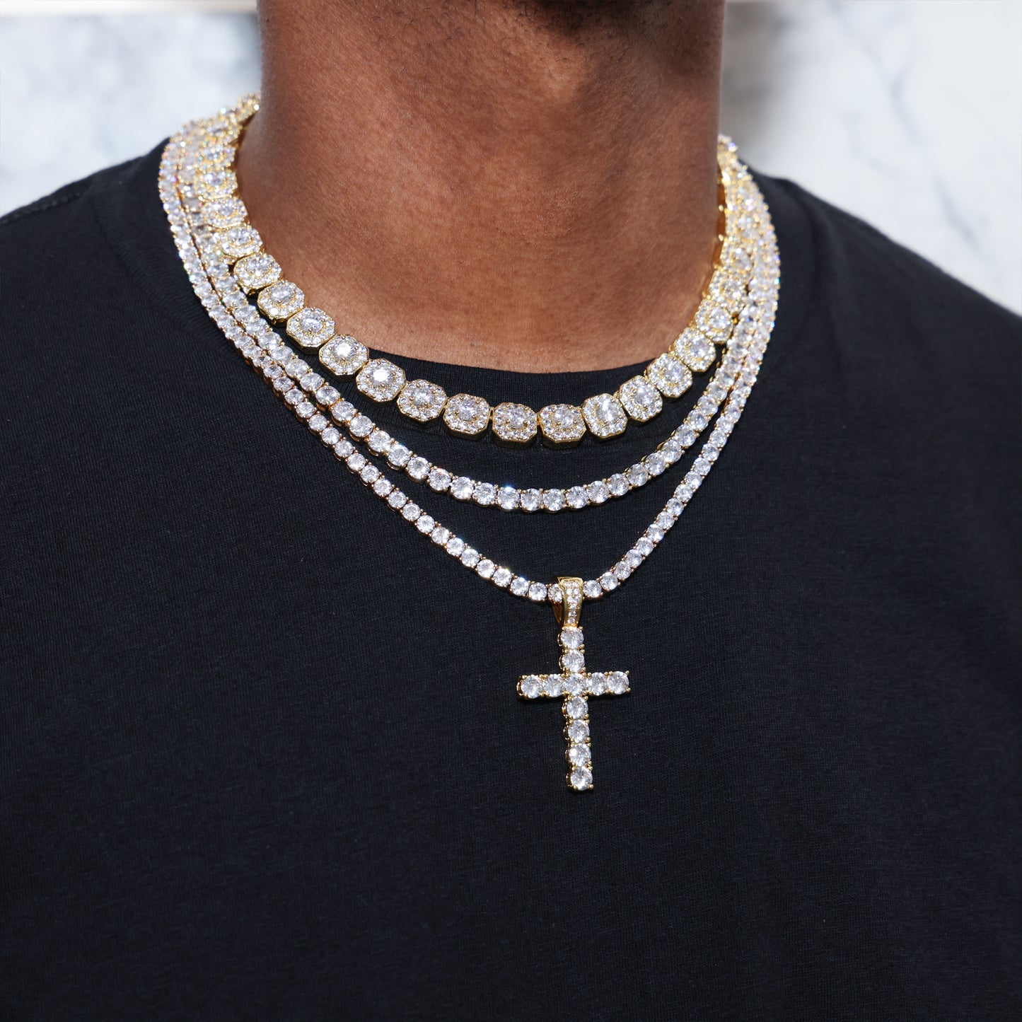 Clustered Tennis Cross Layered Bundle - Gold