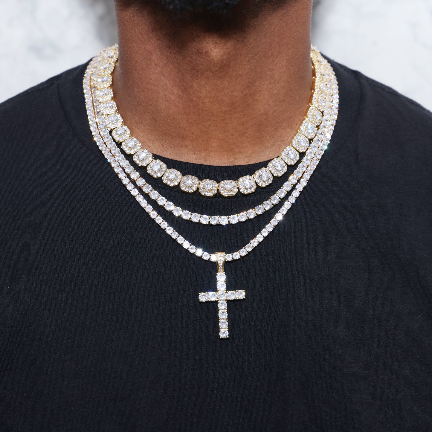 Clustered Tennis Cross Layered Bundle - Gold