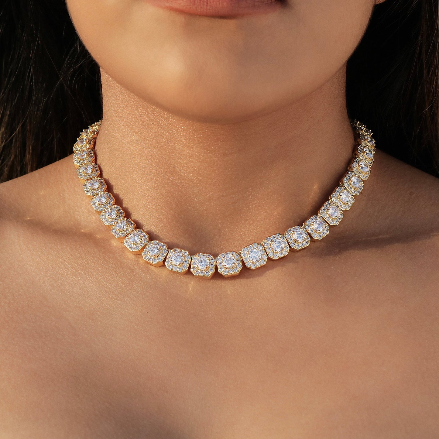 10mm Clustered Tennis Necklace - Gold