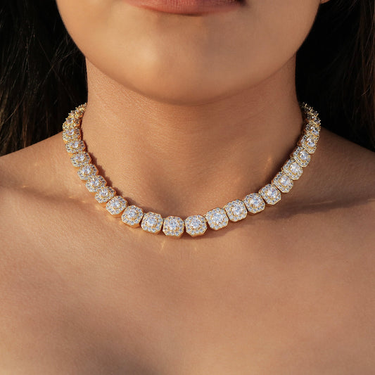 10mm Clustered Tennis Necklace - Gold