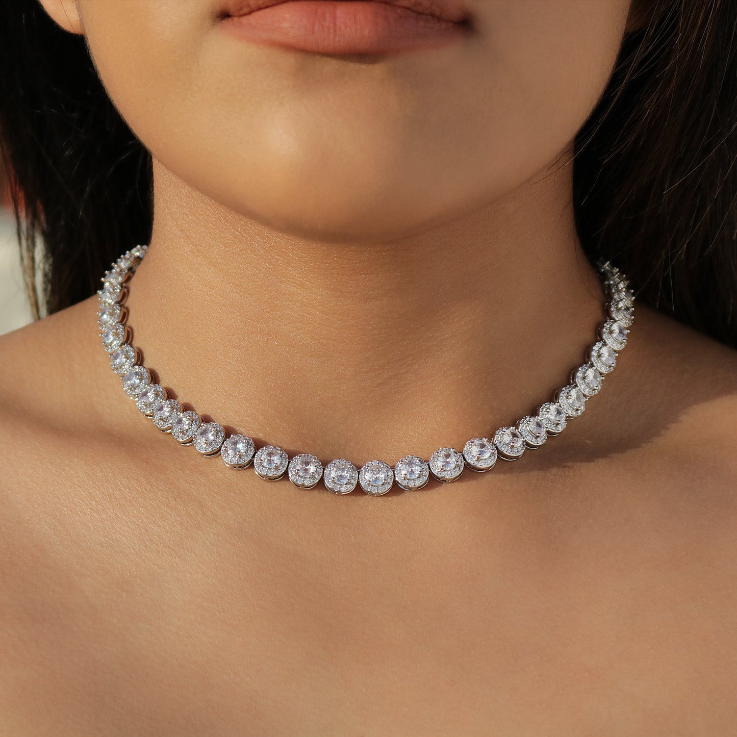 8mm Round Clustered Tennis Necklace - White Gold