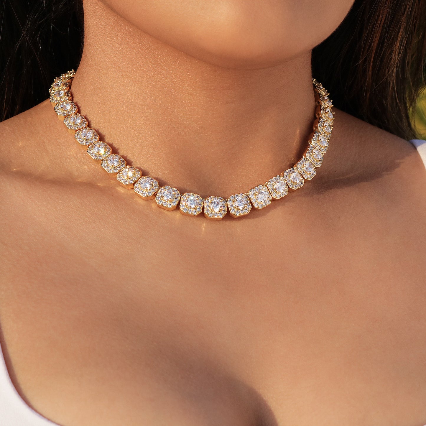 10mm Clustered Tennis Necklace - Gold