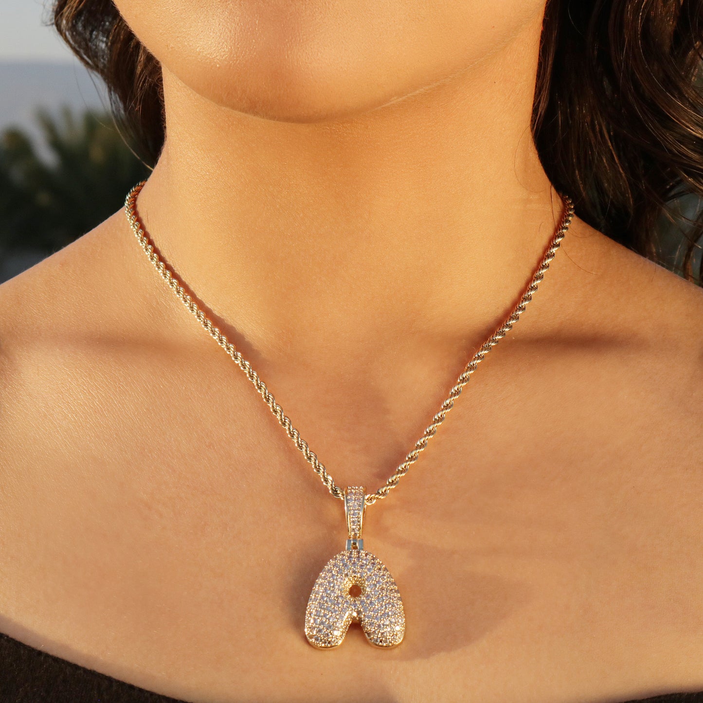 Iced out bubble initial letter (A-Z) Pendant - Gold