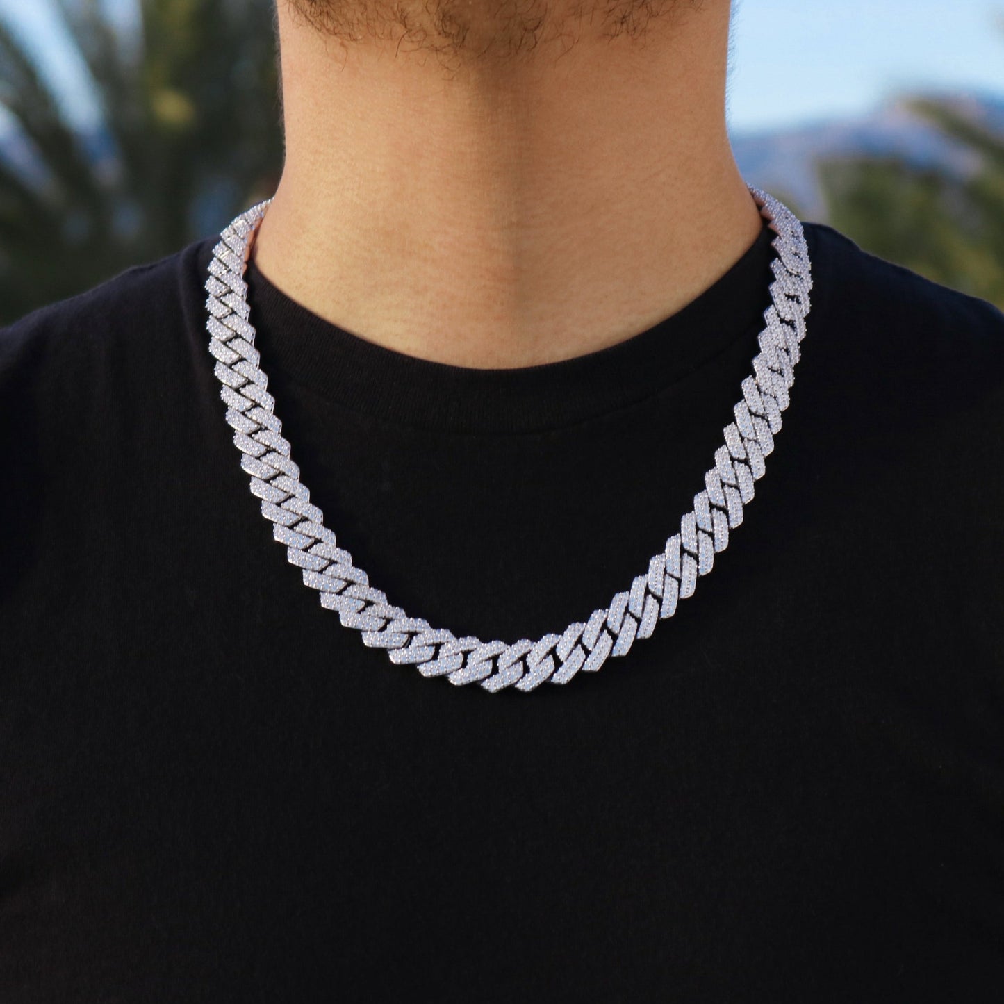 13mm Diamond Prong Link Cuban Chain - 925 Silver
