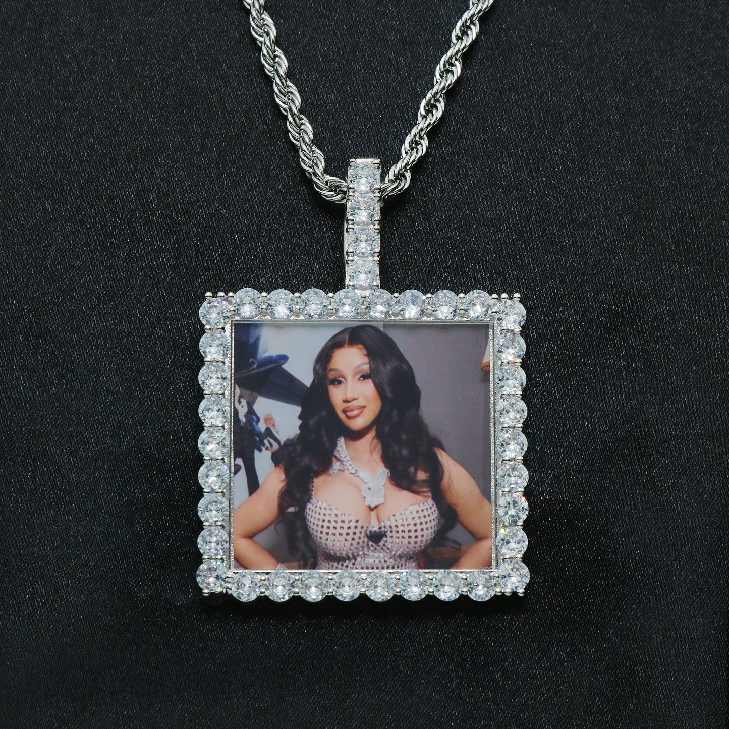 Custom Square Photo Pendant - White Gold
