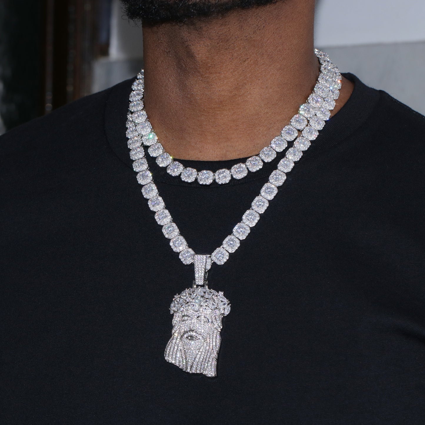 Clustered Tennis Gemstone Jesus Layered Bundle - White Gold
