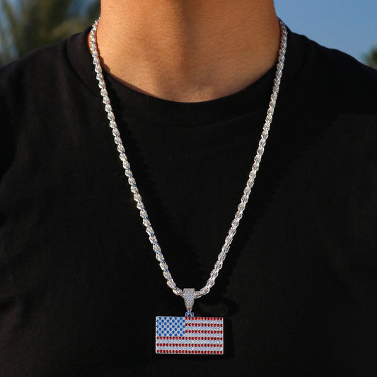 Iced Out USA Flag Pendant - 925 Silver