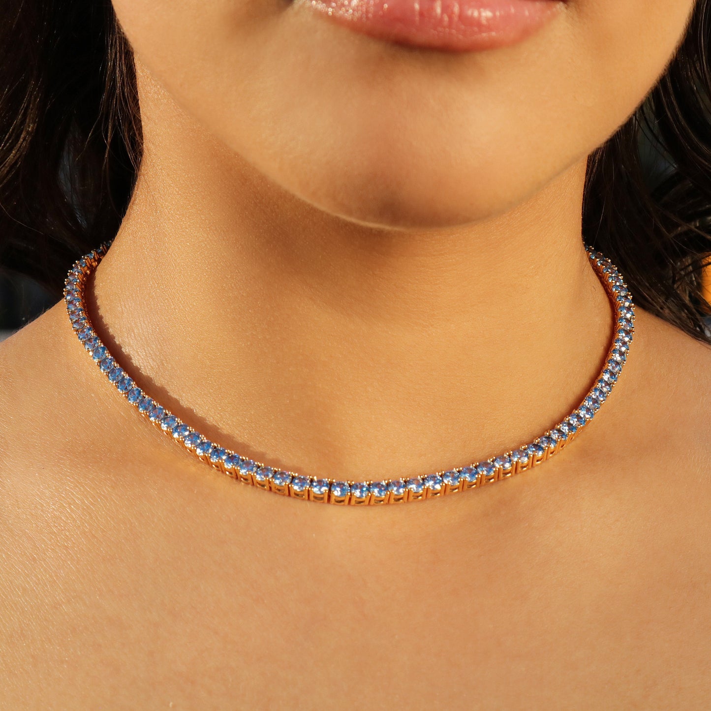 4mm Blue Tennis Necklace - Gold