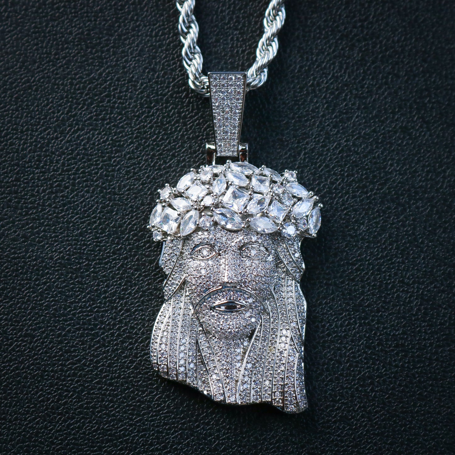 Big Gemstone Jesus Pendant - White Gold