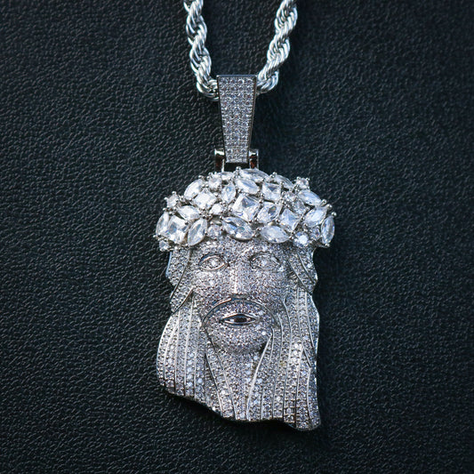 Big Gemstone Jesus Pendant - White Gold