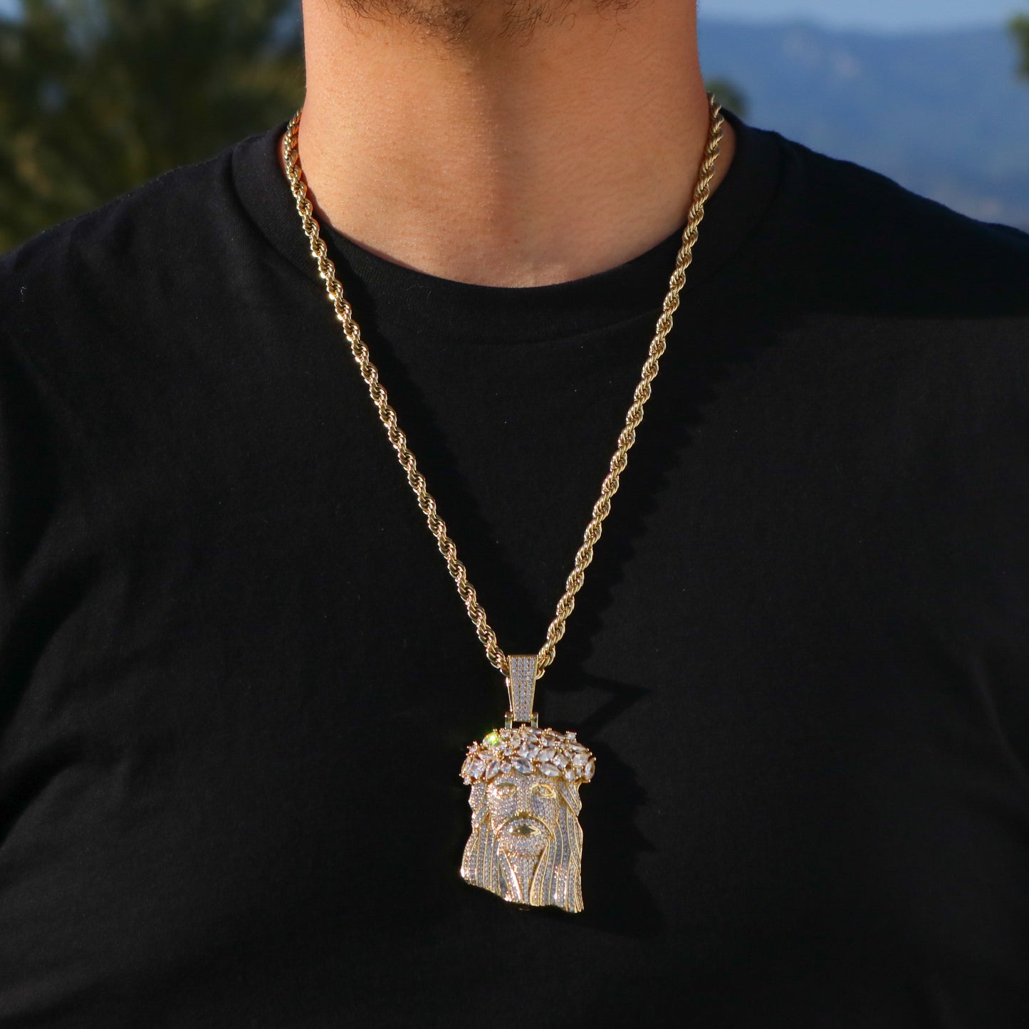 Big Gemstone Jesus Pendant - Gold