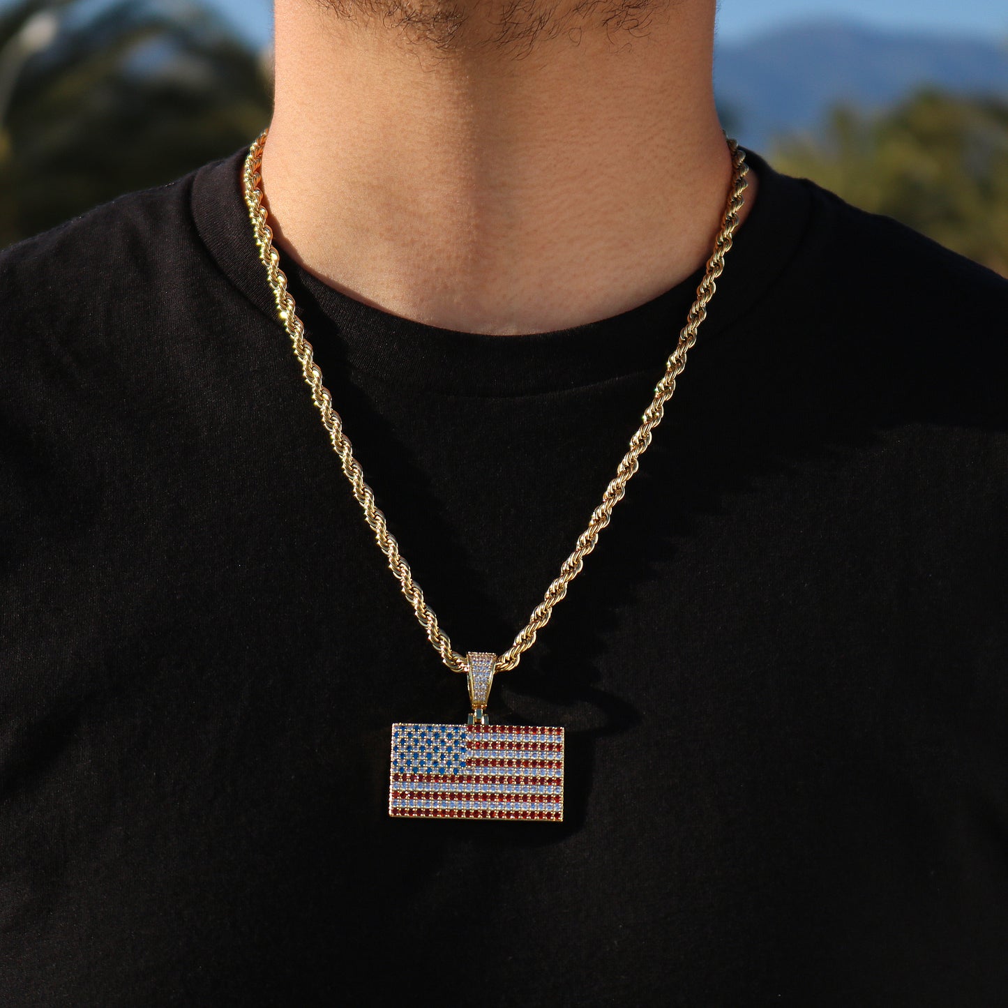 Iced Out USA Flag Pendant - Gold