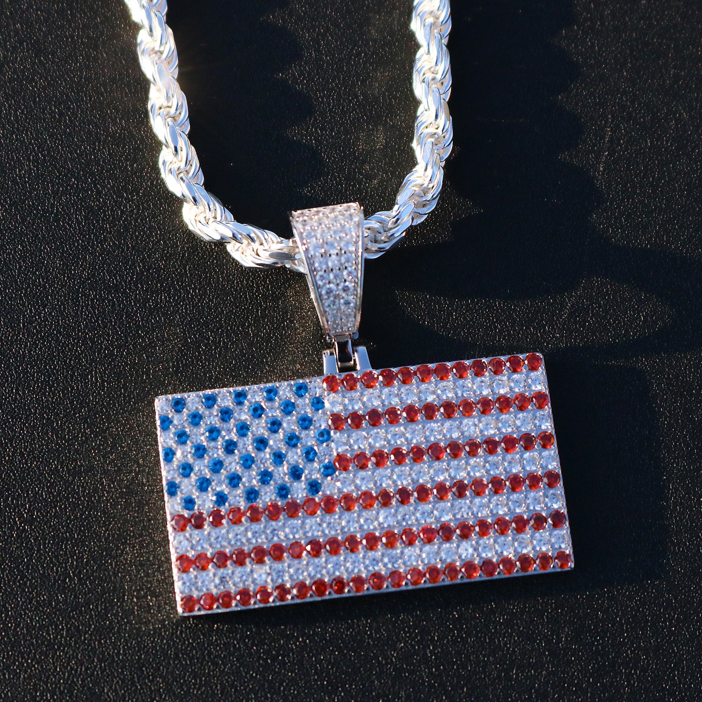 Iced Out USA Flag Pendant - 925 Silver