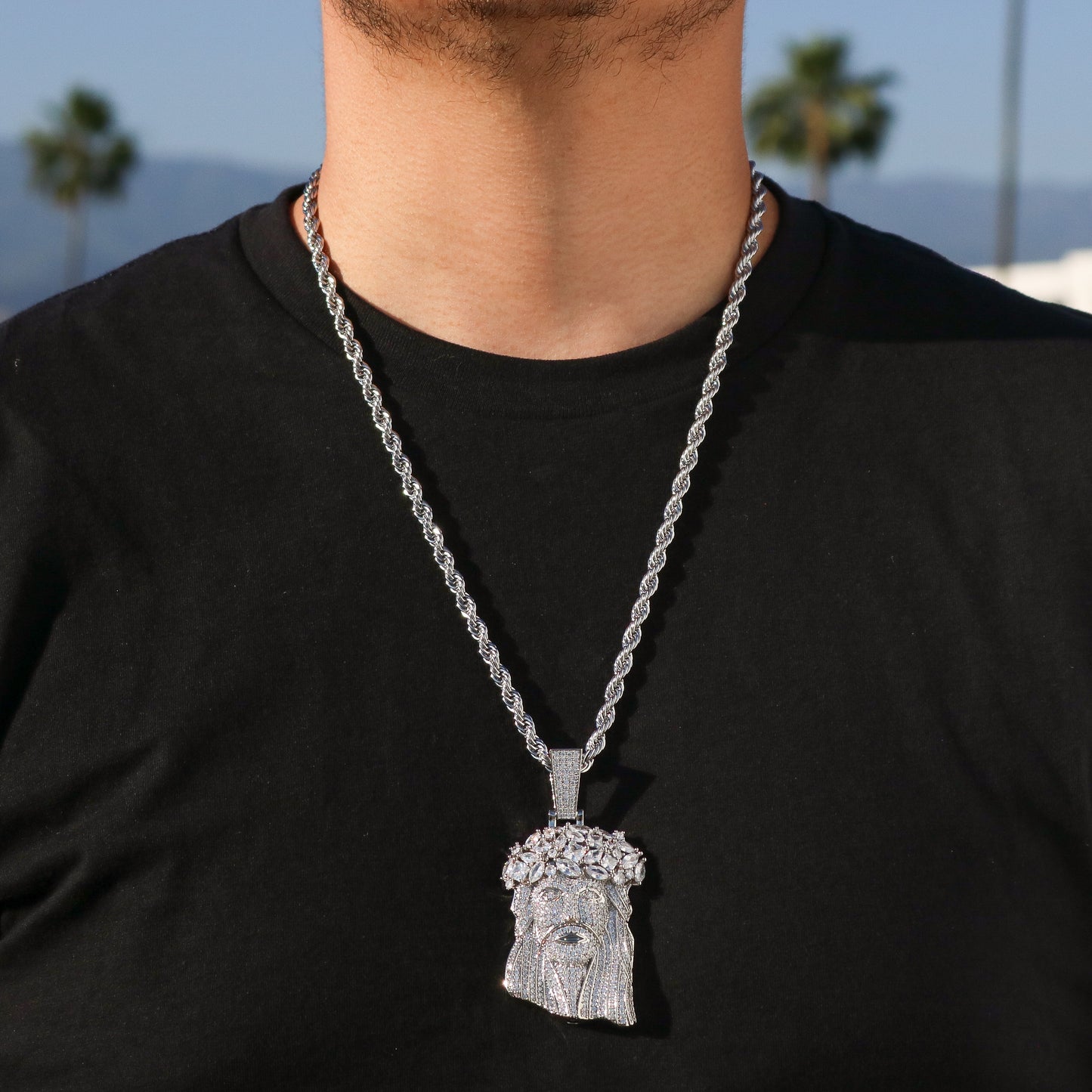 Big Gemstone Jesus Pendant - White Gold