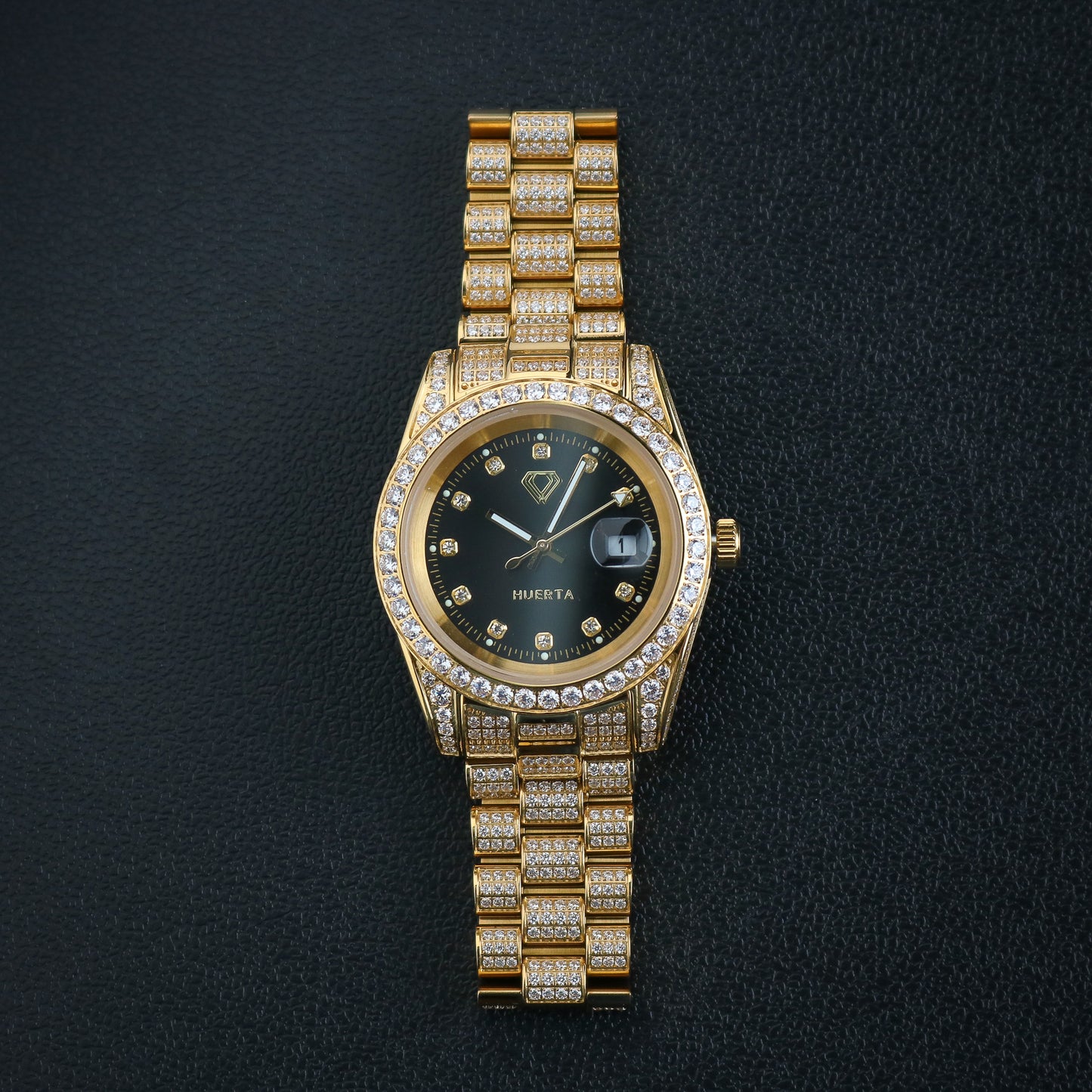 Iced Black Dial Huerta Watch - Gold