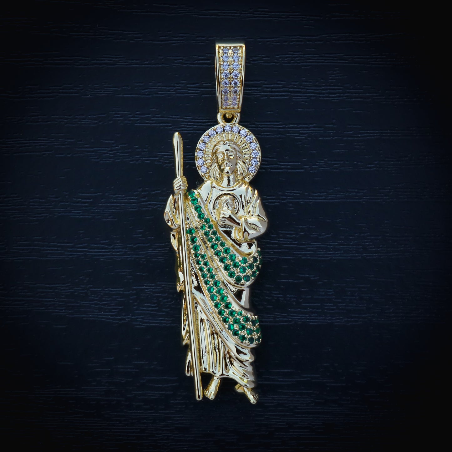 Iced San Judas with Green Diamonds Pendant - Gold