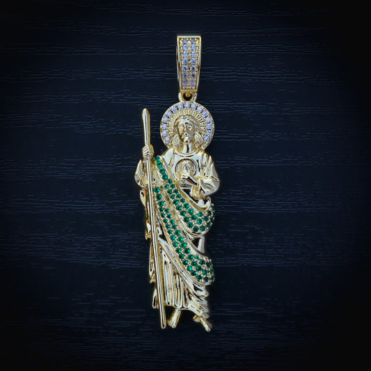 Iced San Judas with Green Diamonds Pendant - Gold