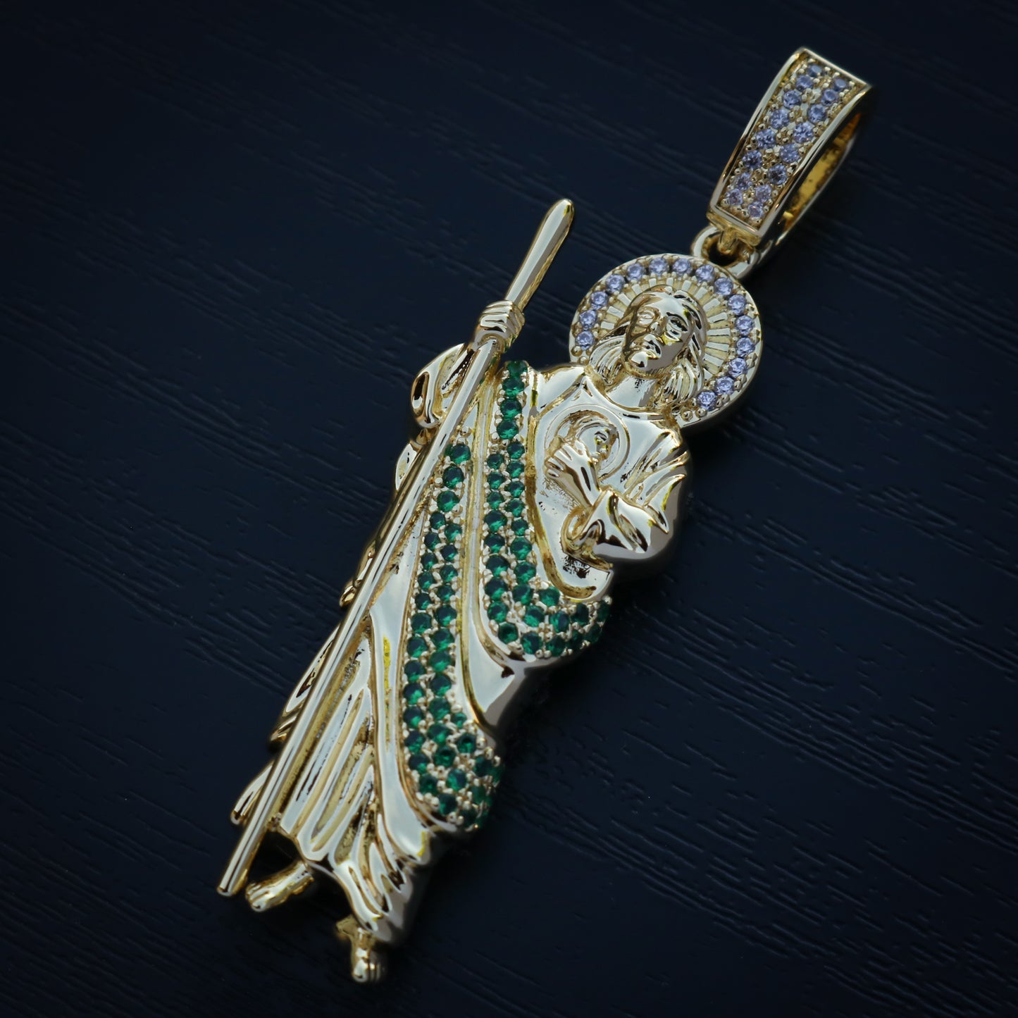Iced San Judas with Green Diamonds Pendant - Gold