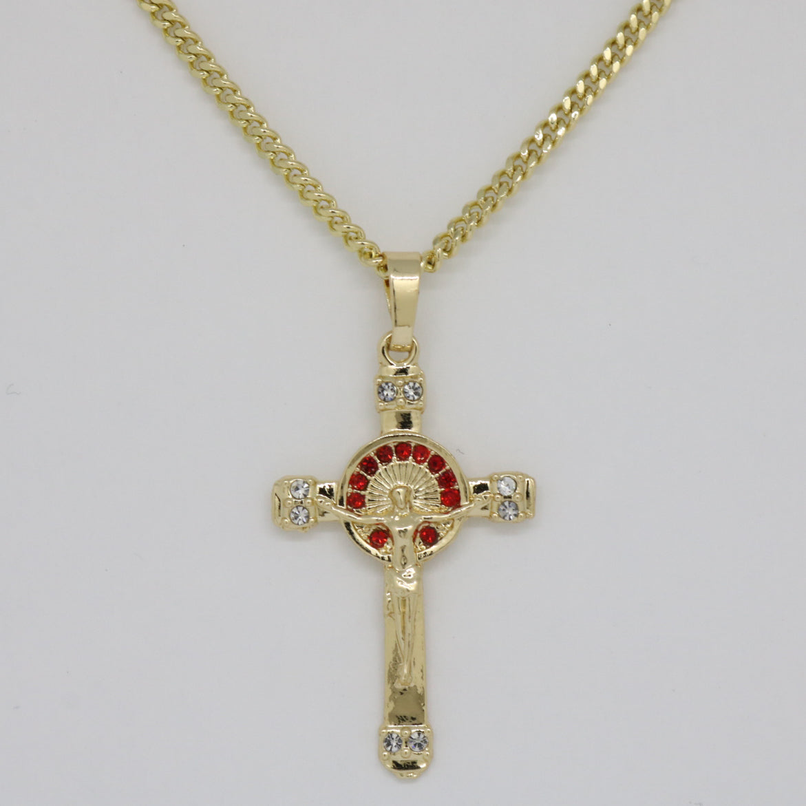 Jesus w/ Red Stones Necklace - Gold