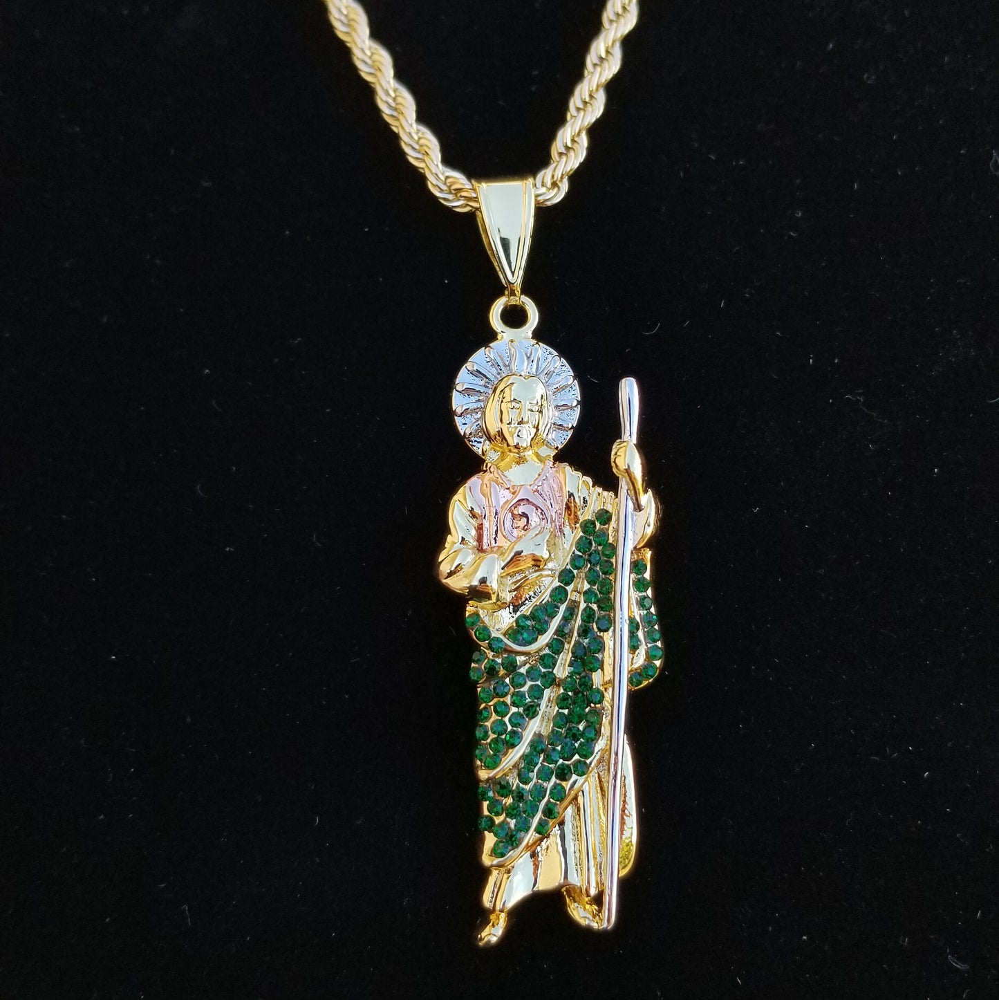 San Judas 3-Tone with Green Stones Pendant - Gold