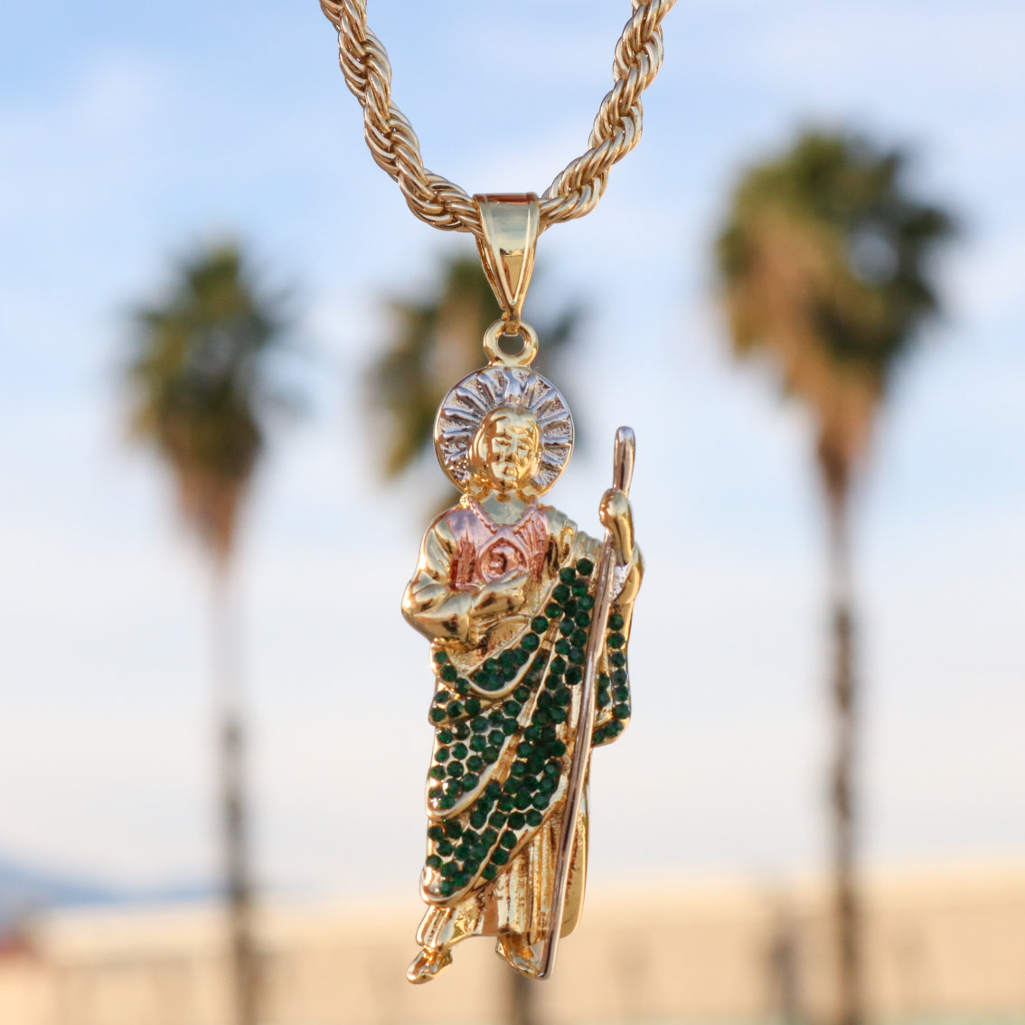 San Judas 3-Tone with Green Stones Pendant - Gold