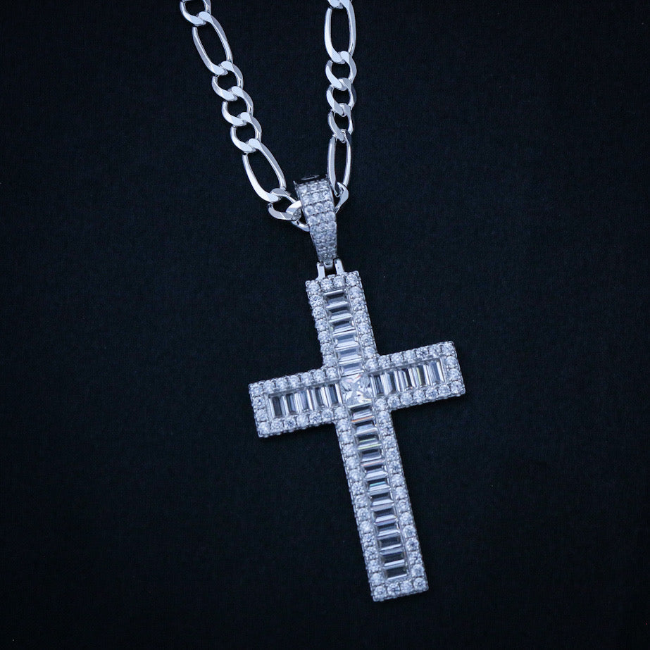 Iced Out Baguette Cross Pendant - 925 Silver