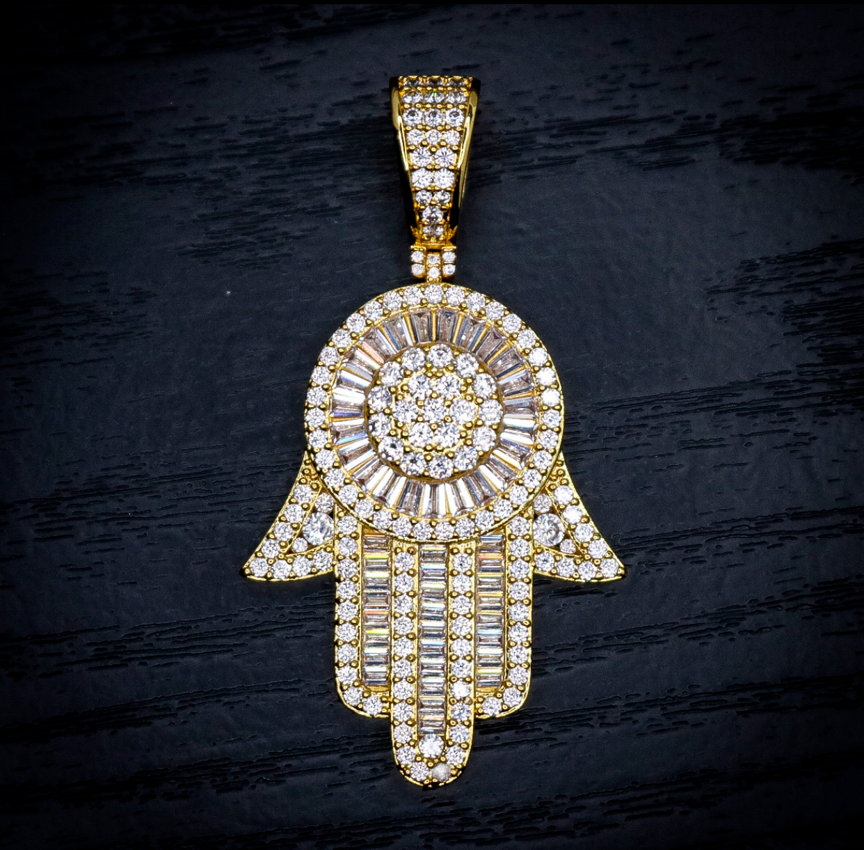 Large Fully Iced out Baguette Hamsah Pendant - Gold