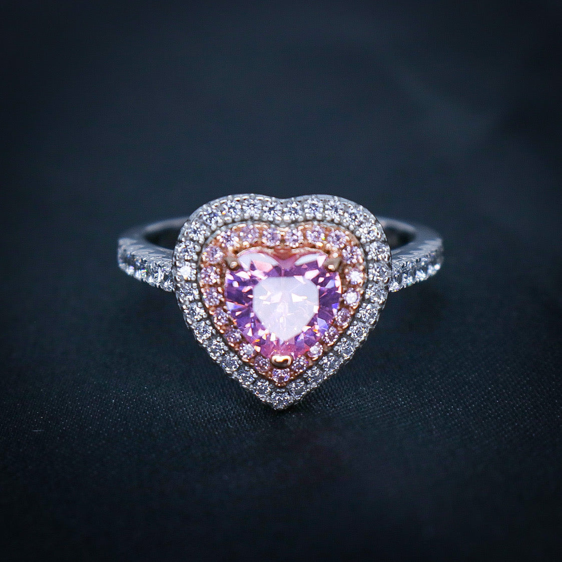 Pink Heart CZ Diamond 2 Tone Ring - 925 Silver