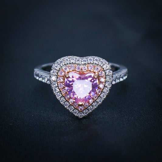 Pink Heart CZ Diamond 2 Tone Ring - 925 Silver