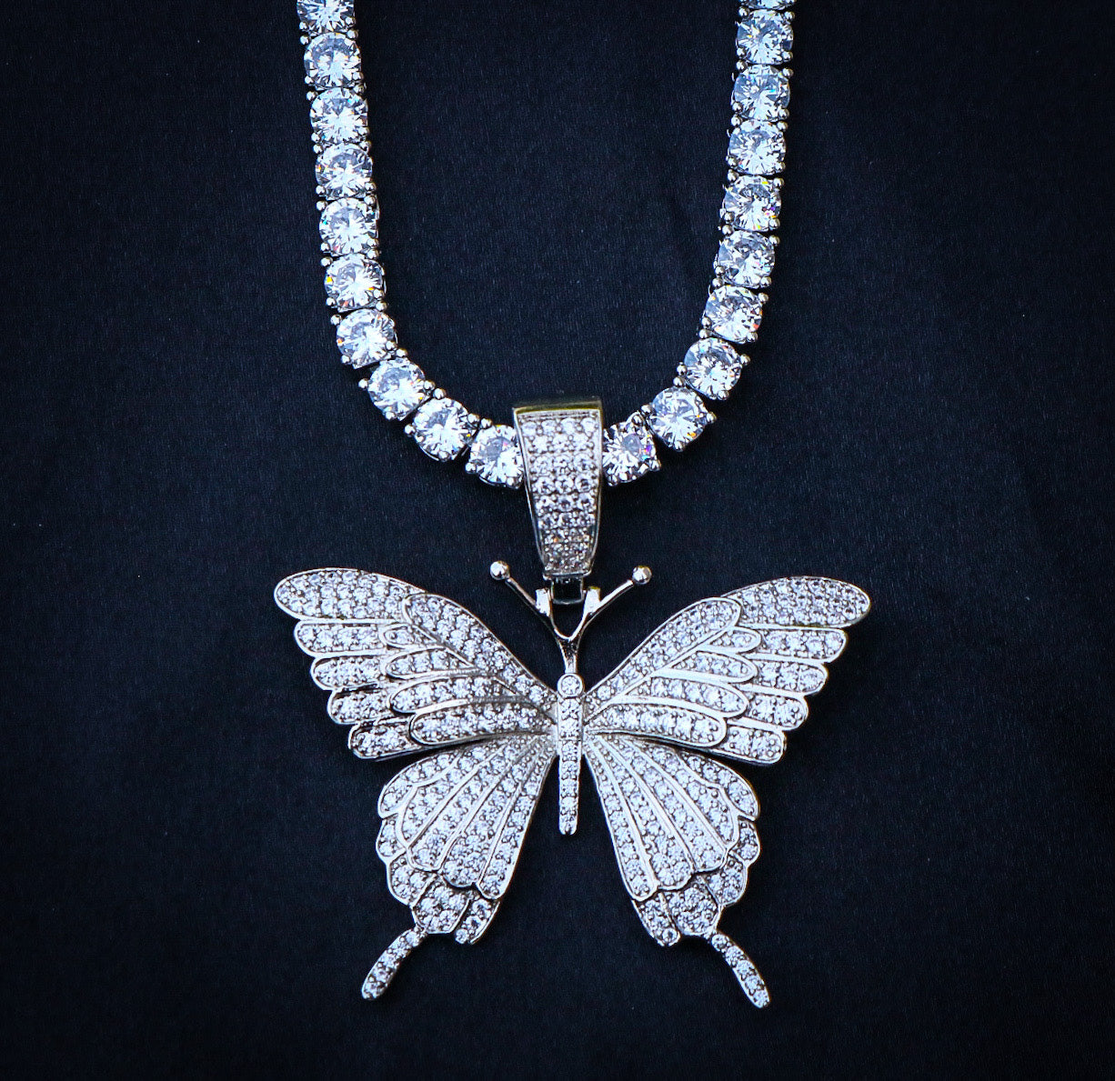 Iced Butterfly Pendant - White Gold